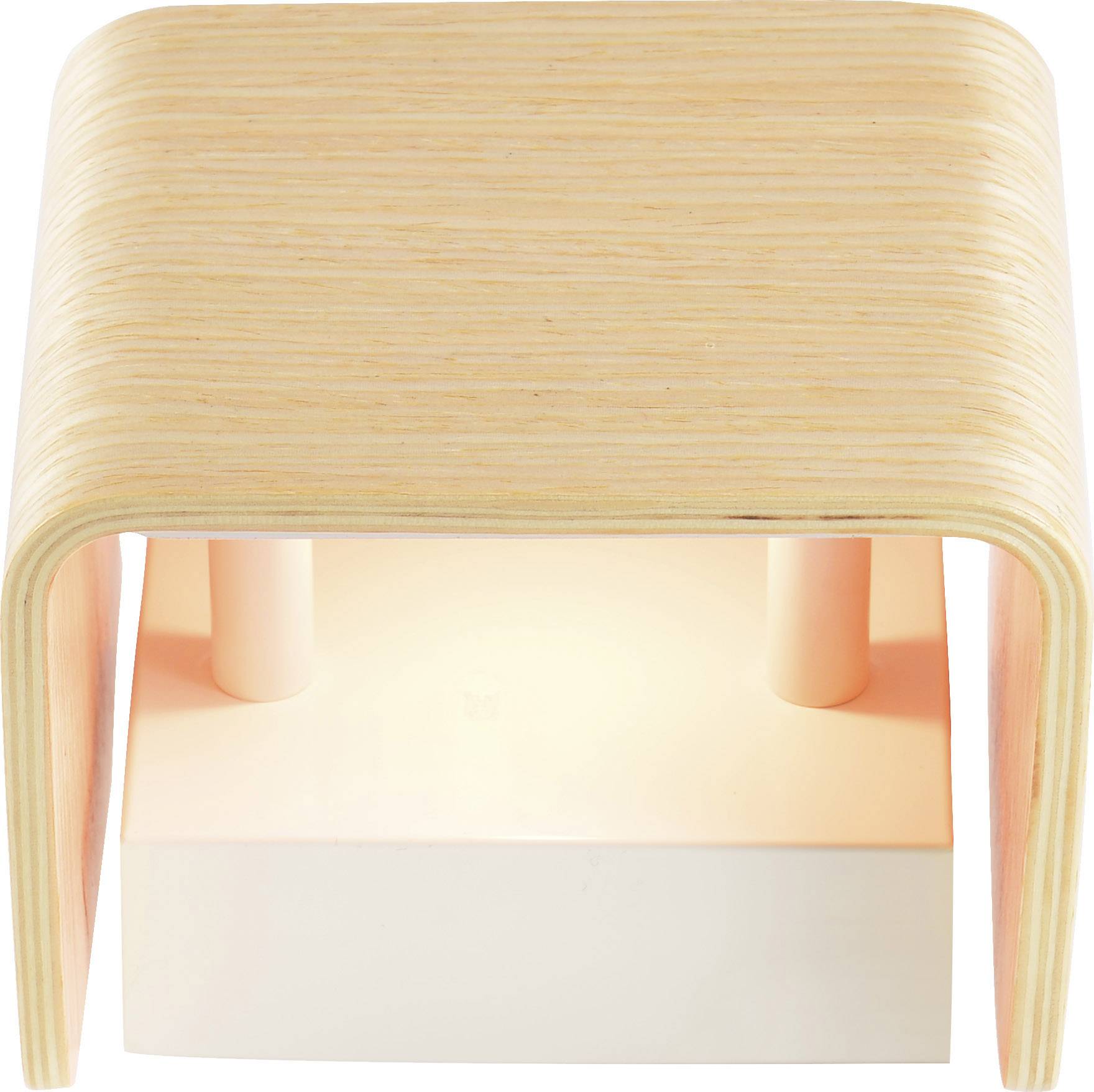 Minimalistyczna lampa stołowa z wygiętą drewnianą bryłą, która emituje ciepłe światło. Idealna do nowoczesnych wnętrz.