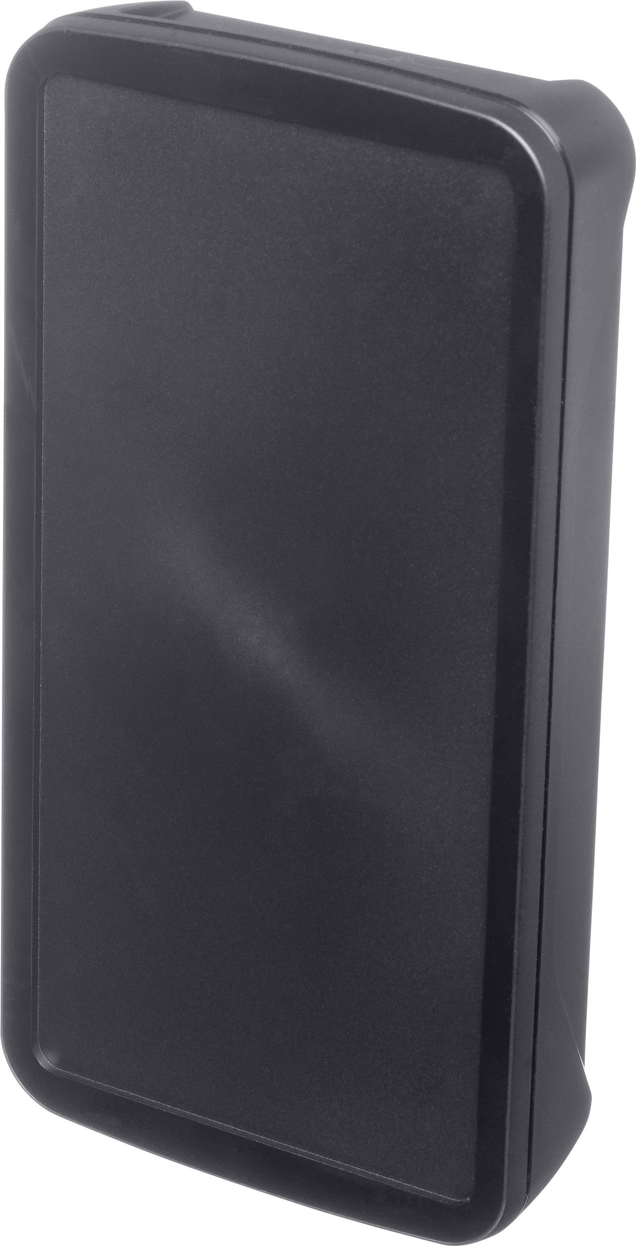 Prostokątna, czarna obudowa z tworzywa sztucznego zaokrąglonymi narożnikami, odpowiednia do przechowywania lub zabezpieczania elementów elektronicznych.