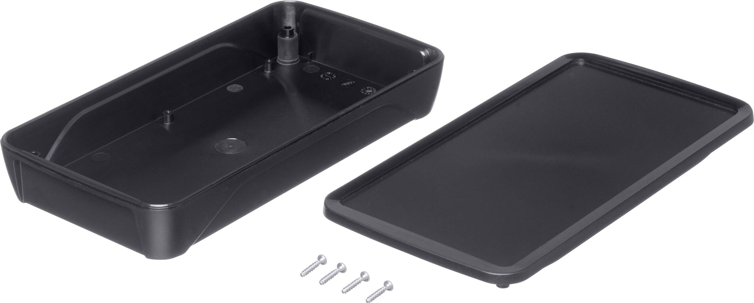 Dwie czarne plastikowe części i cztery śruby leżą na białej powierzchni.