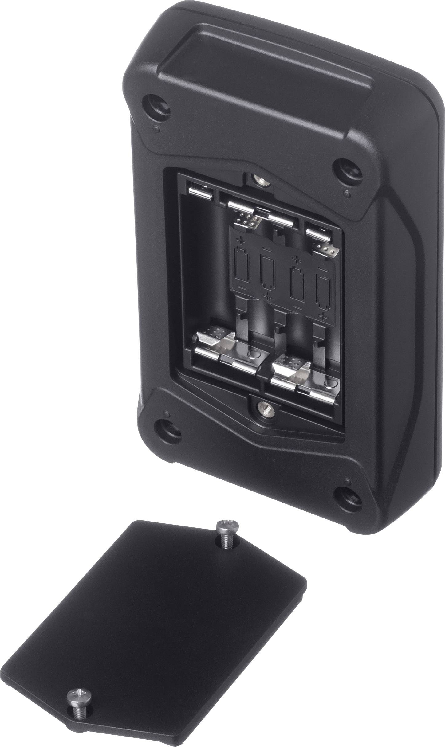 Czarny schowek na baterie z otwartą pokrywą, czterema pustymi miejscami na baterie i widocznymi stykami.