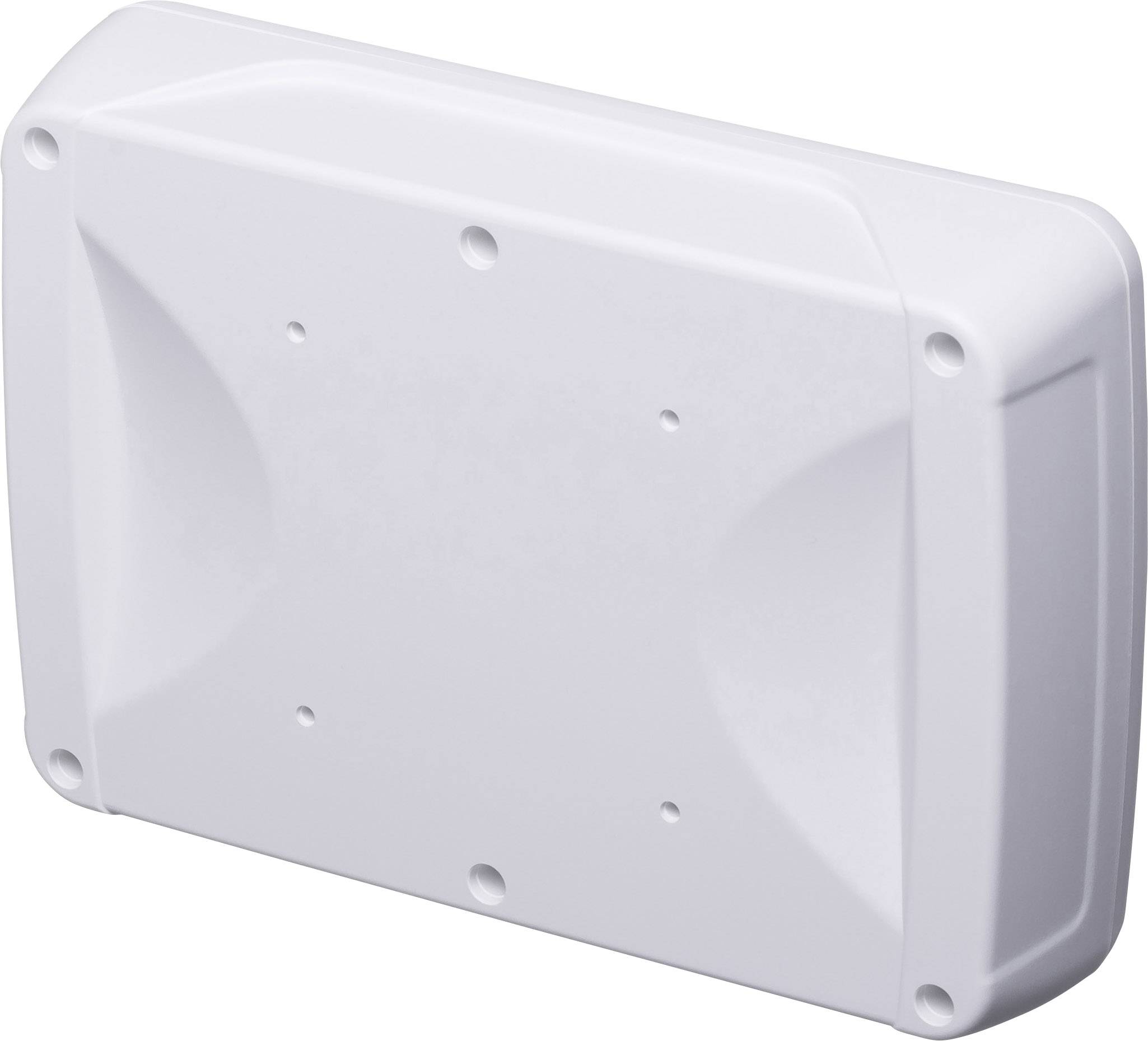 Prostokątna, biała obudowa z tworzywa sztucznego z ośmioma otworami na śruby montażowe i zaokrąglonymi krawędziami.