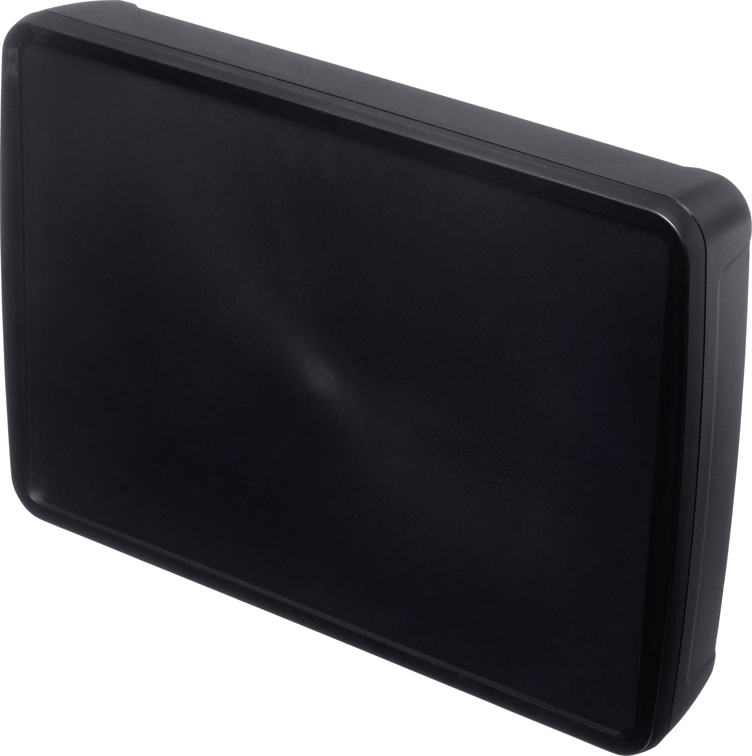 Prostokątna, czarna obudowa z tworzywa sztucznego, prawdopodobnie etui lub pudełko.