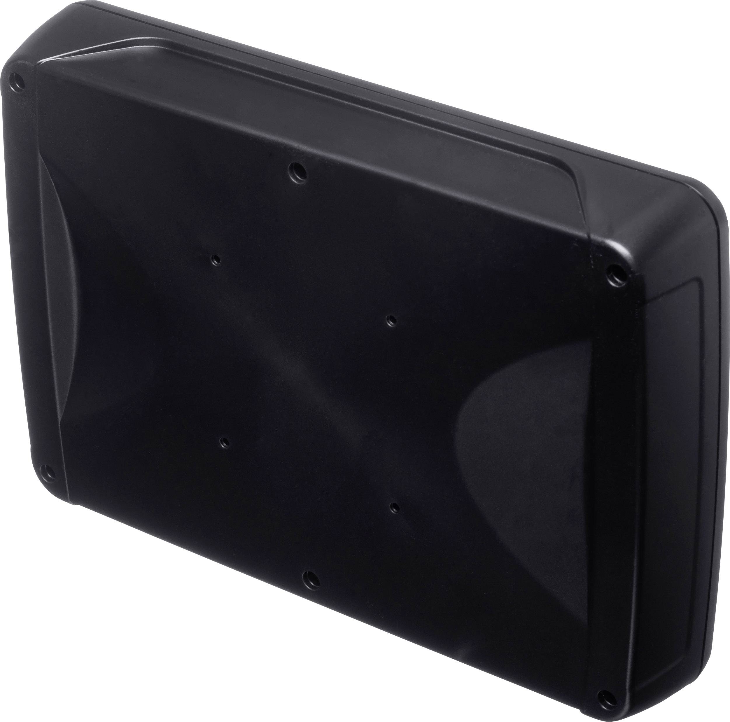 Czarno-czarna, prostokątna obudowa z tworzywa sztucznego z zaokrąglonymi narożnikami, kilkoma otworami na śruby i gładką powierzchnią.