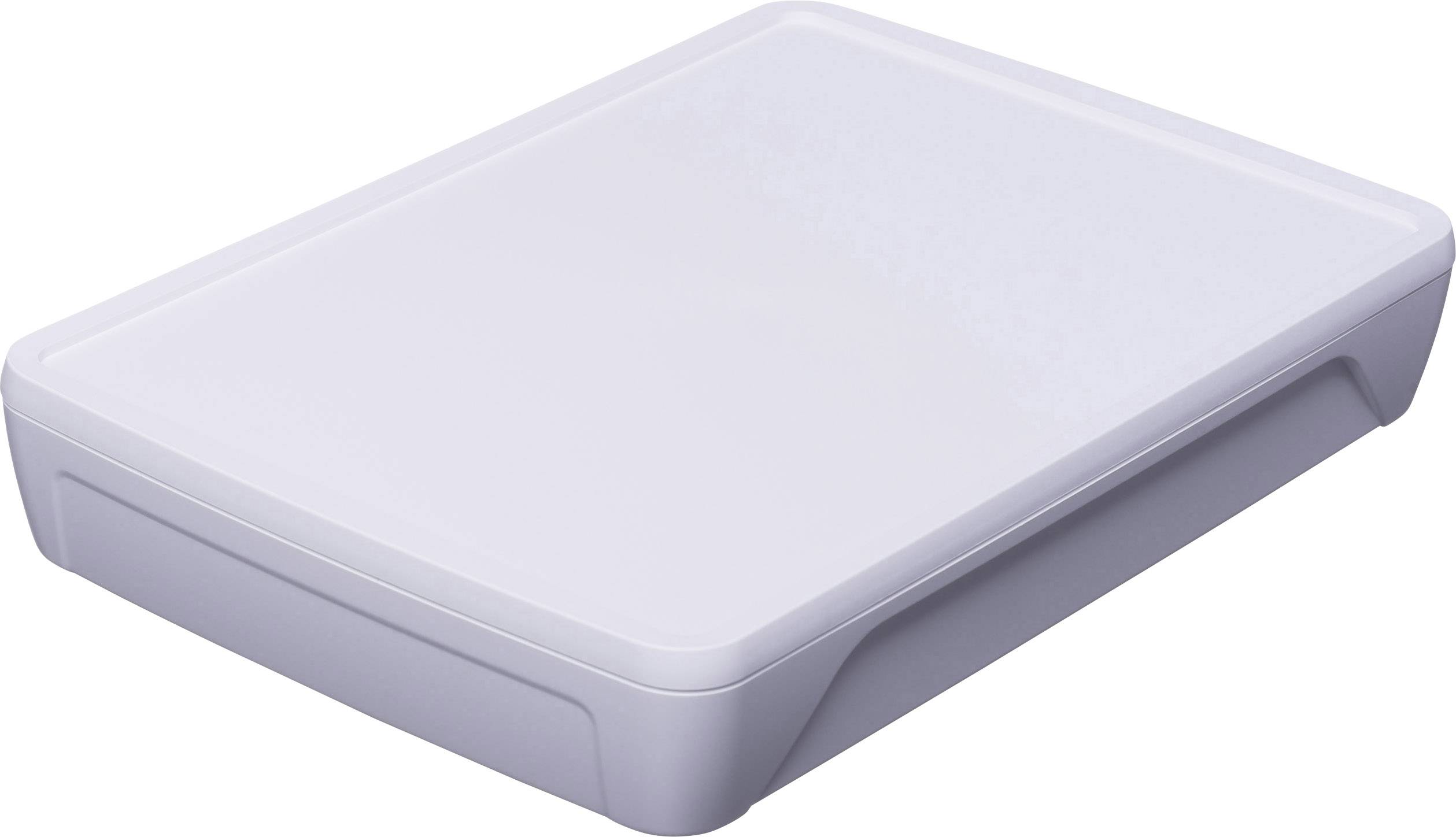 Płaski biały skaner o zaokrąglonych krawędziach, leżący na płaskiej powierzchni.