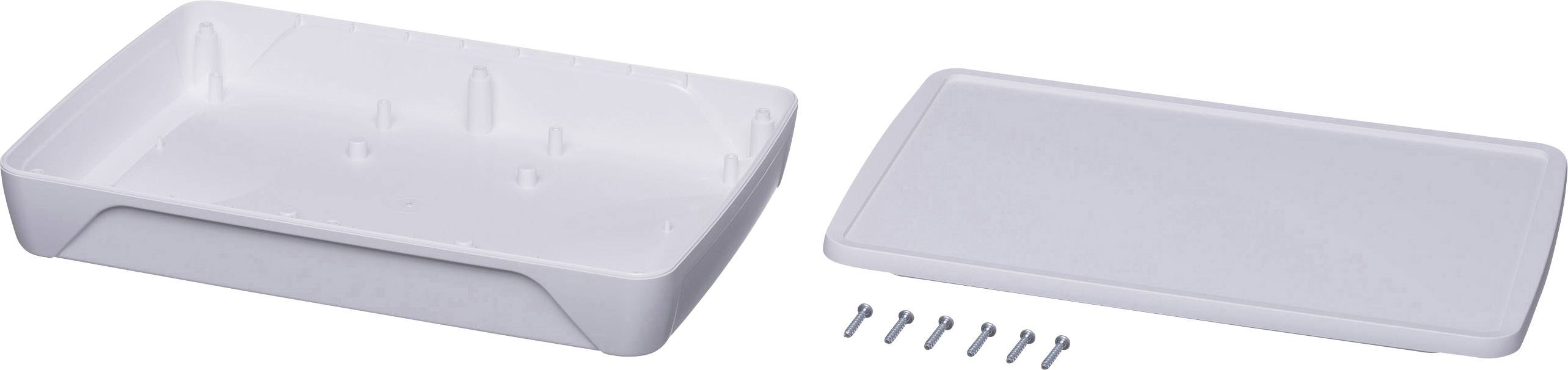 Biała plastikowa skrzynka z zdejmowaną pokrywą i ośmioma małymi śrubami przygotowanymi do montażu.