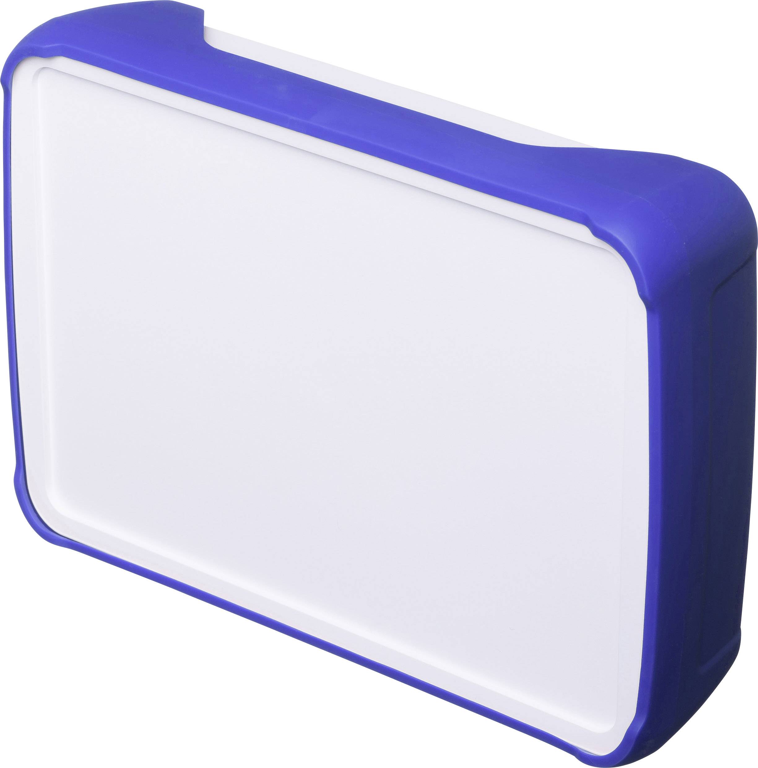 Prostokątne, białe pudełko z tworzywa sztucznego z niebieskimi brzegami, którego przeznaczenie jest niejasne. Stoi pionowo na dłuższym boku.