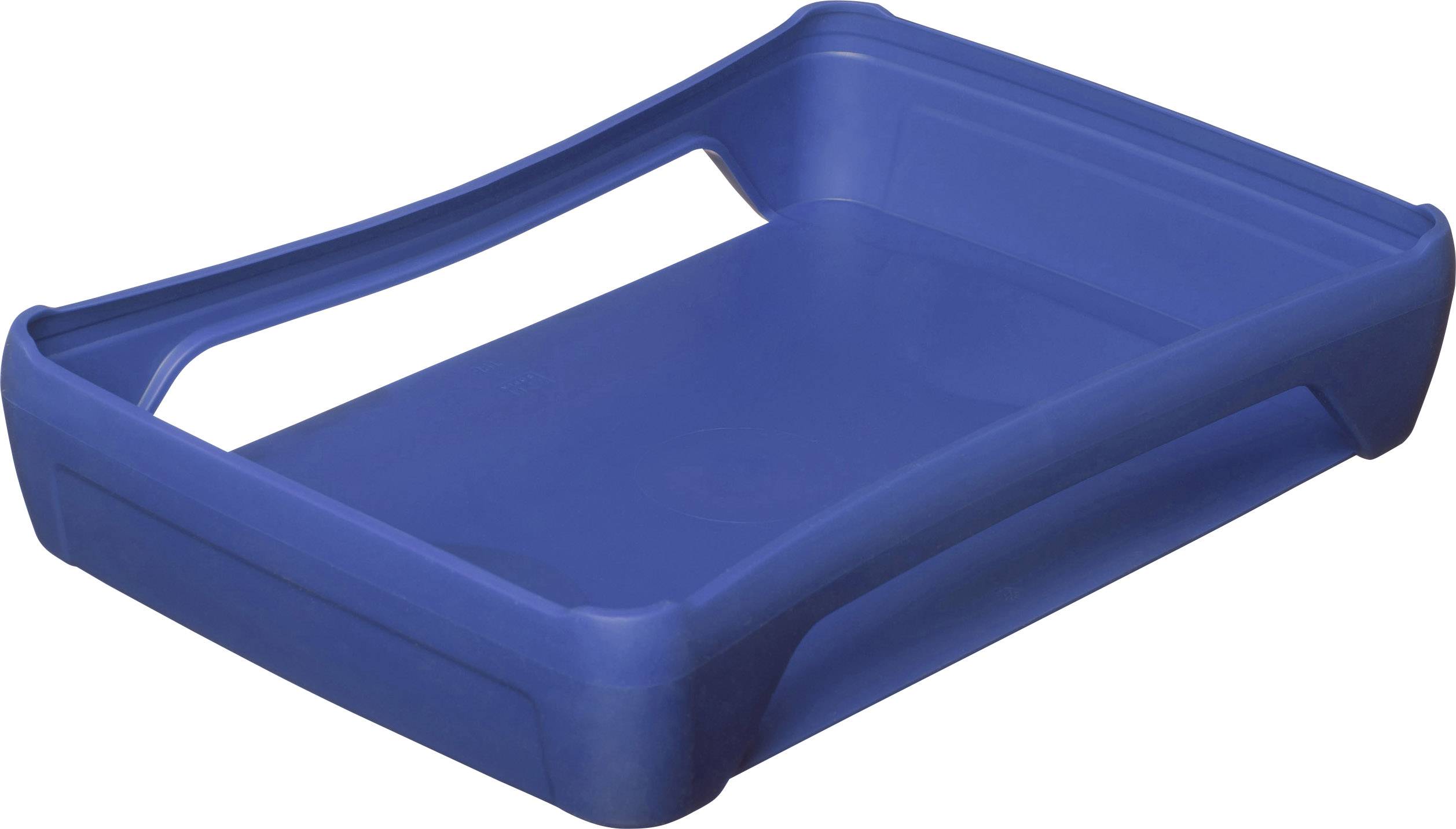 Niebieski plastikowy pojemnik na dokumenty z podwyższonymi bokami, przystosowany do układania w stos. Idealny do utrzymania porządku w biurze.