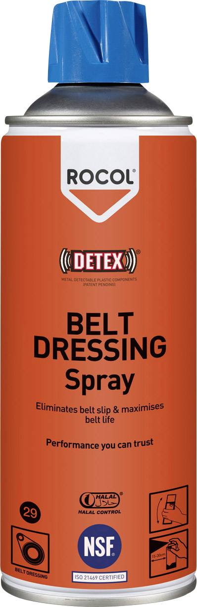 Czerwono-pomarańczowa puszka z rozpylaczem z niebieską nakrętką. Napis: 'ROCOL Belt Dressing Spray'. Służy do zmniejszania poślizgu pasa i wydłużania jego żywotności.