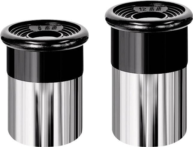 Dwa okrągłe metalowe cylindry w kolorze czarnym i srebrnym, z rowkami na ich górnych powierzchniach, ułożone obok siebie.