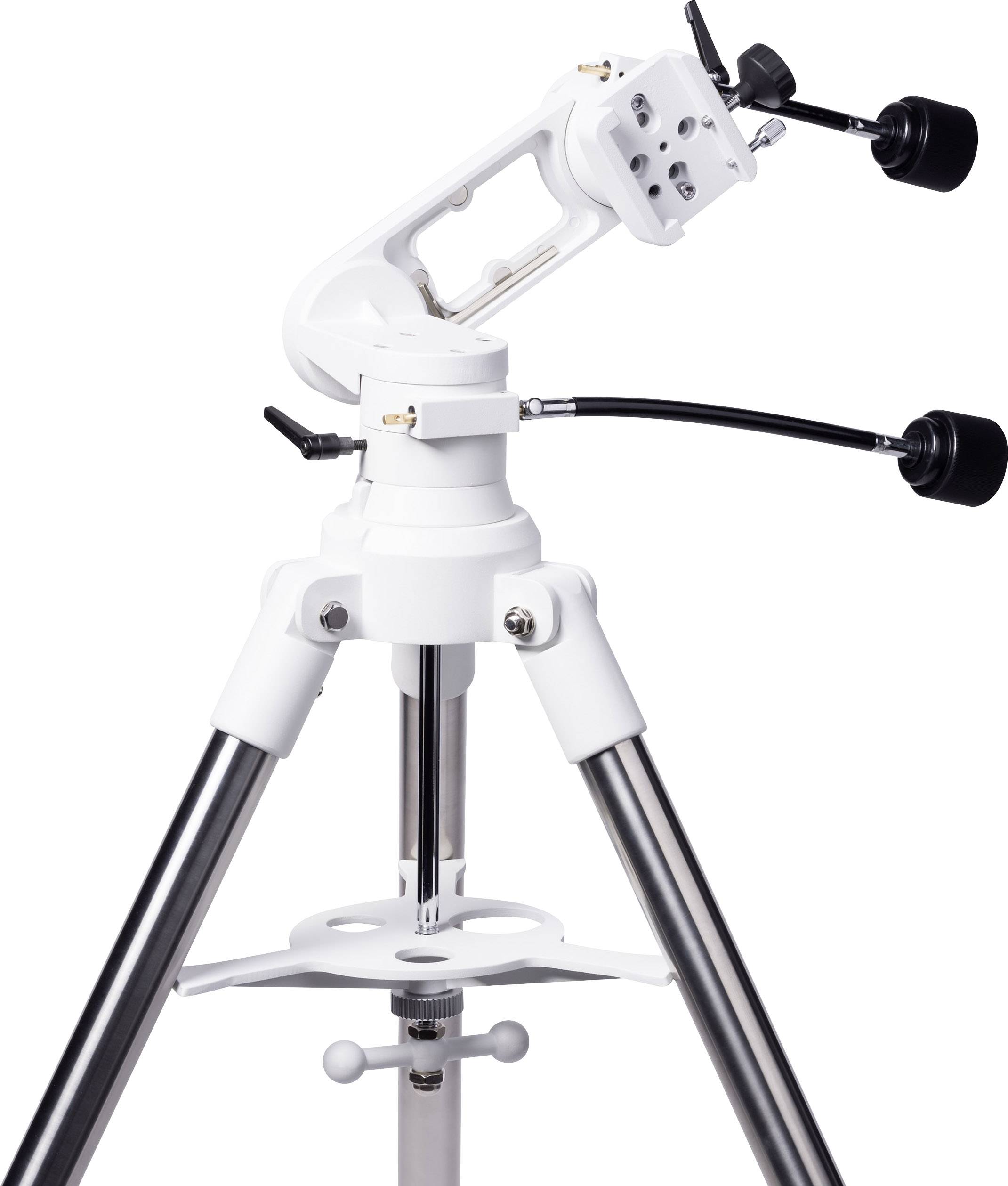 Białą podstawę teleskopową z regulowanym uchwytem, metalowymi nogami i pokrętłami do regulacji ustawienia.