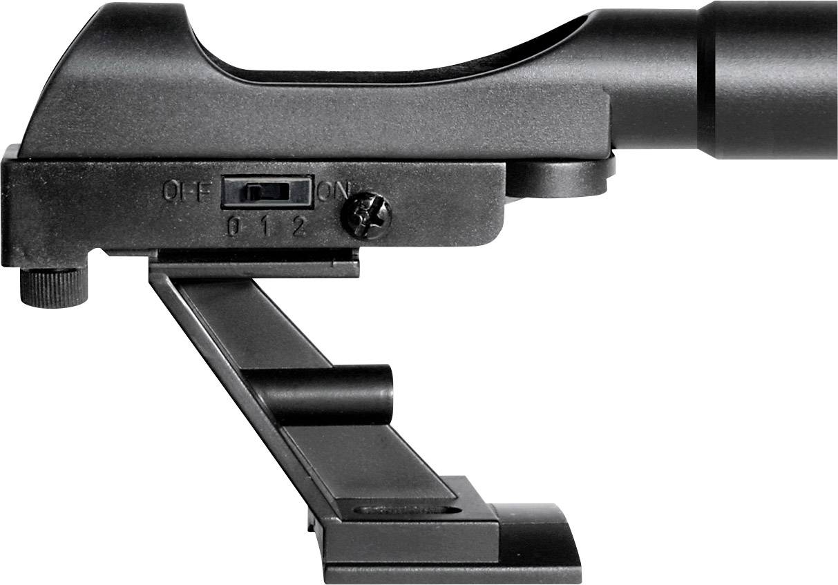 Widok z boku czarnego elementu mikroskopu z regulowanym uchwytem i przełącznikiem włączania/wyłączania.