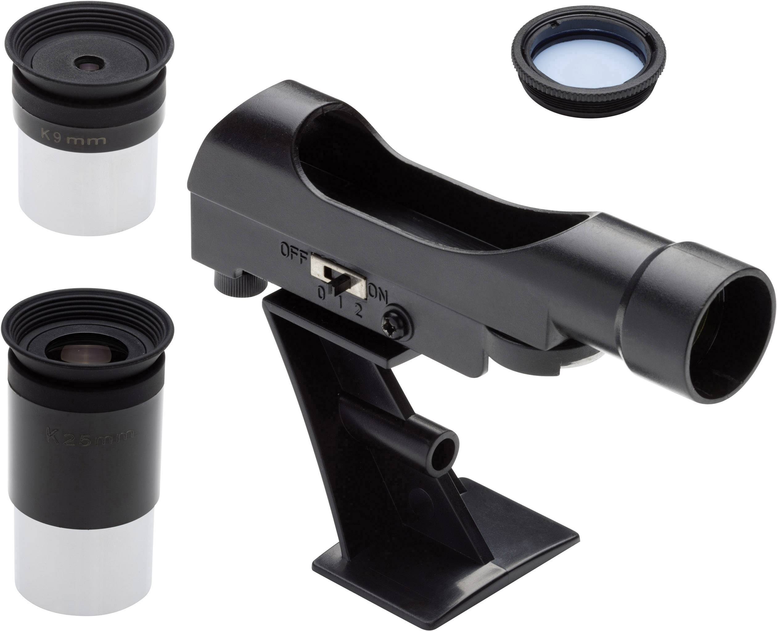 Czarny zestaw akcesoriów teleskopowych składający się z celownika, dwóch okularów i filtra, na białym tle.