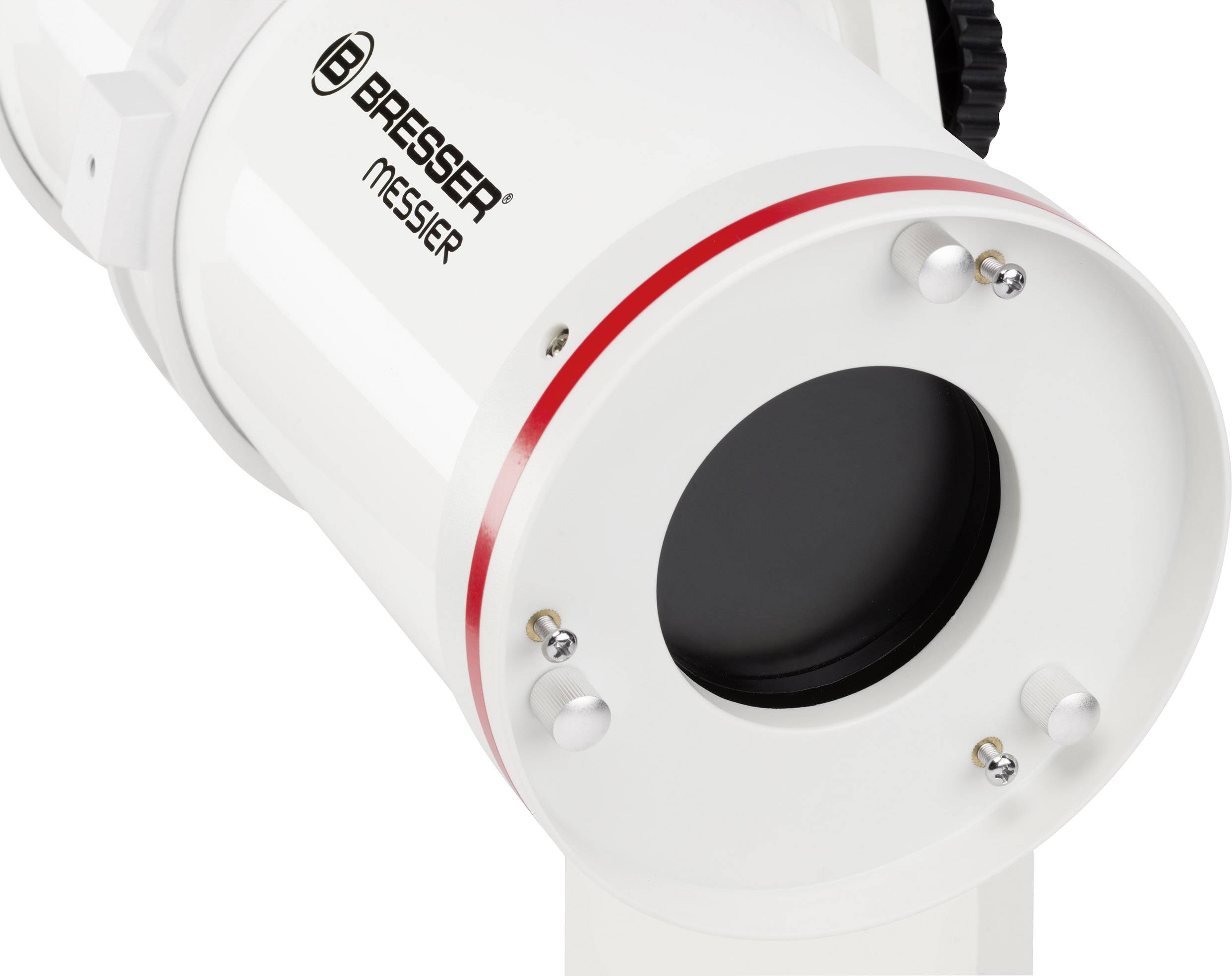 Białe teleskop z czerwonym paskiem i logo marki.