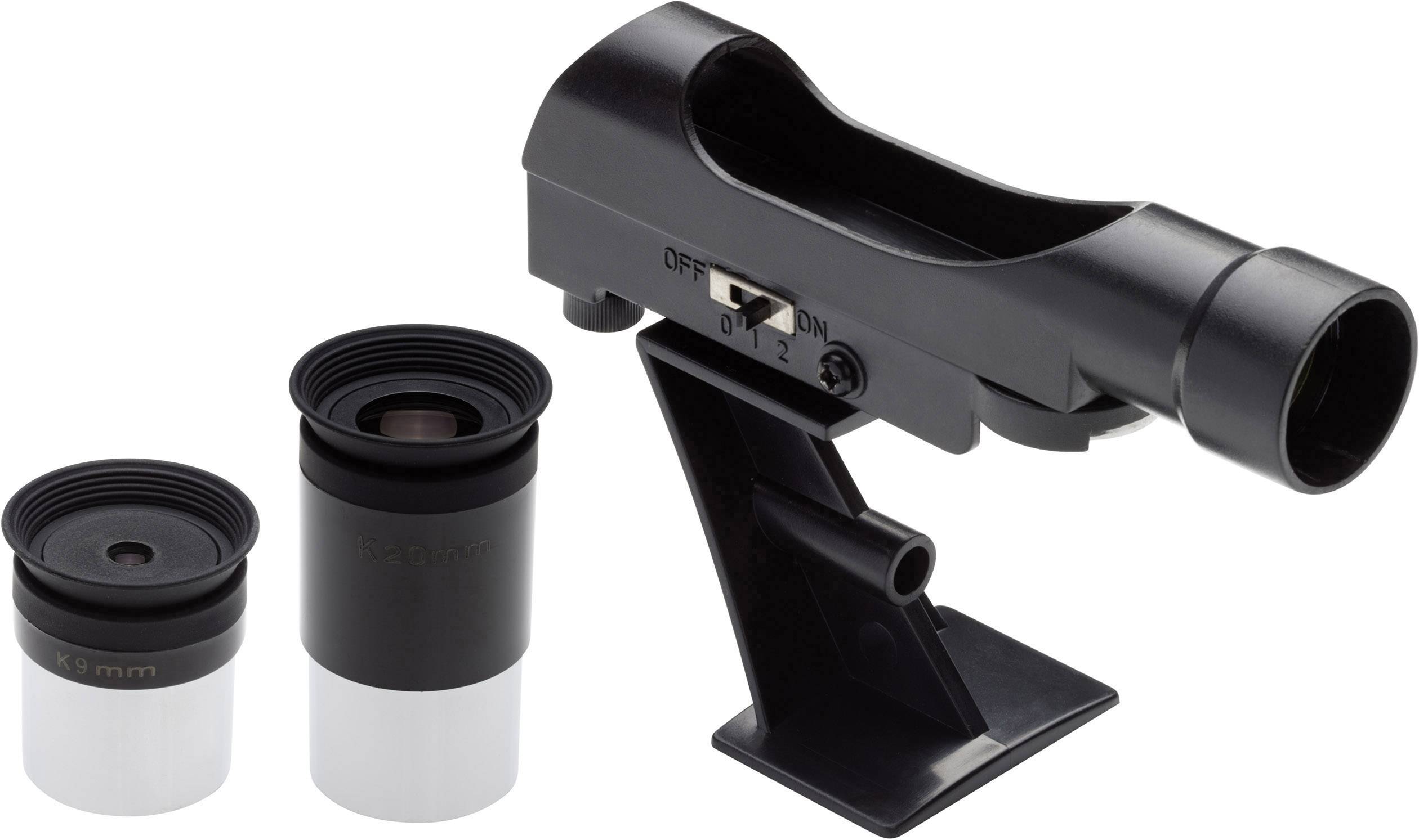 Czarny przyrząd optyczny na statywie do pomiarów, obok dwóch wymiennych nasadek obiektywowych.