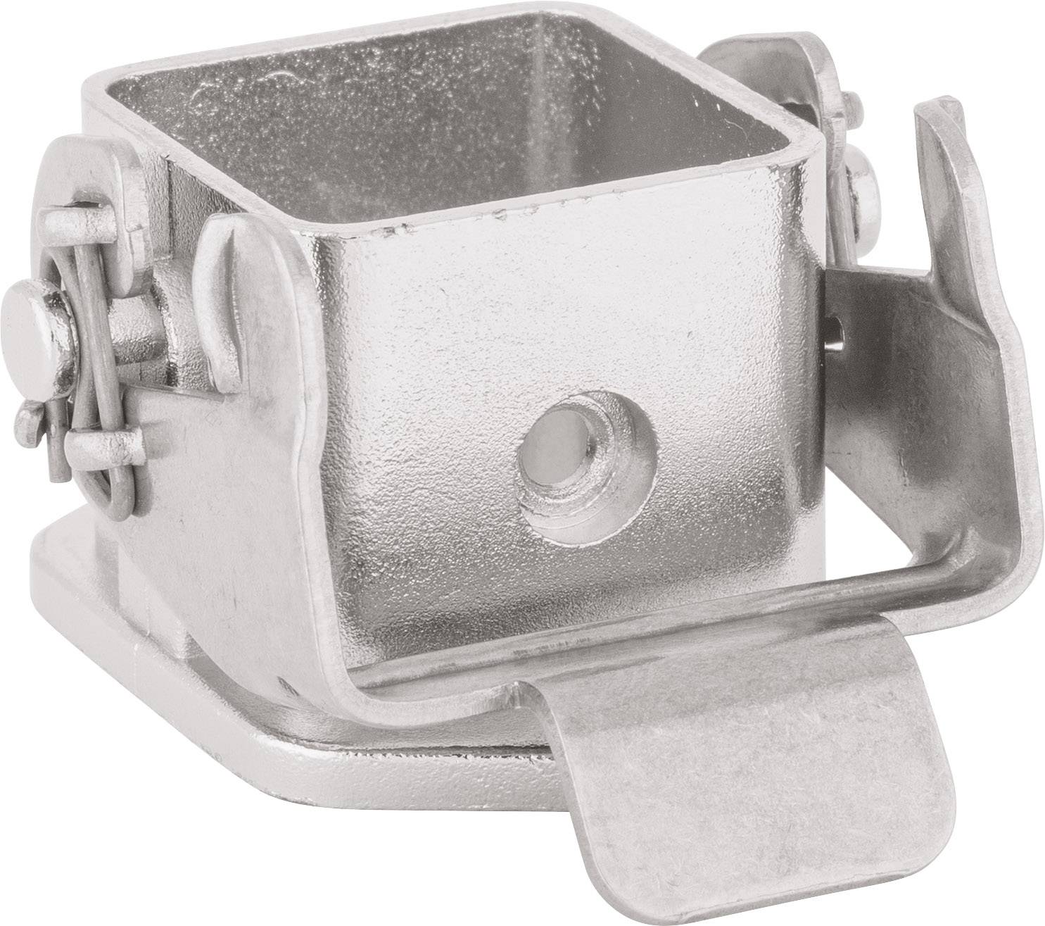 Metalowy uchwyt z kwadratowym otworem, elementami mocującymi oraz zakładką w kształcie litery L, odpowiedni do zastosowań montażowych.