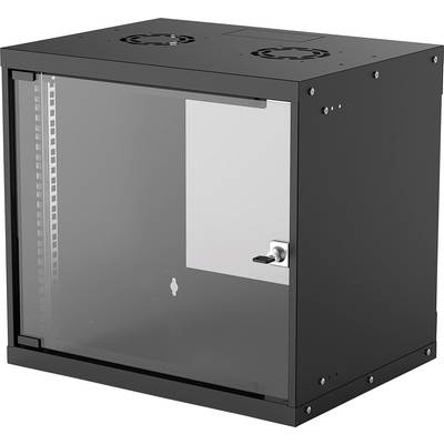 Czarny naścienny rack do urządzeń technicznych, z przezroczystymi drzwiami i zamkiem, z otworami wentylacyjnymi u góry dla sprzętu elektronicznego.