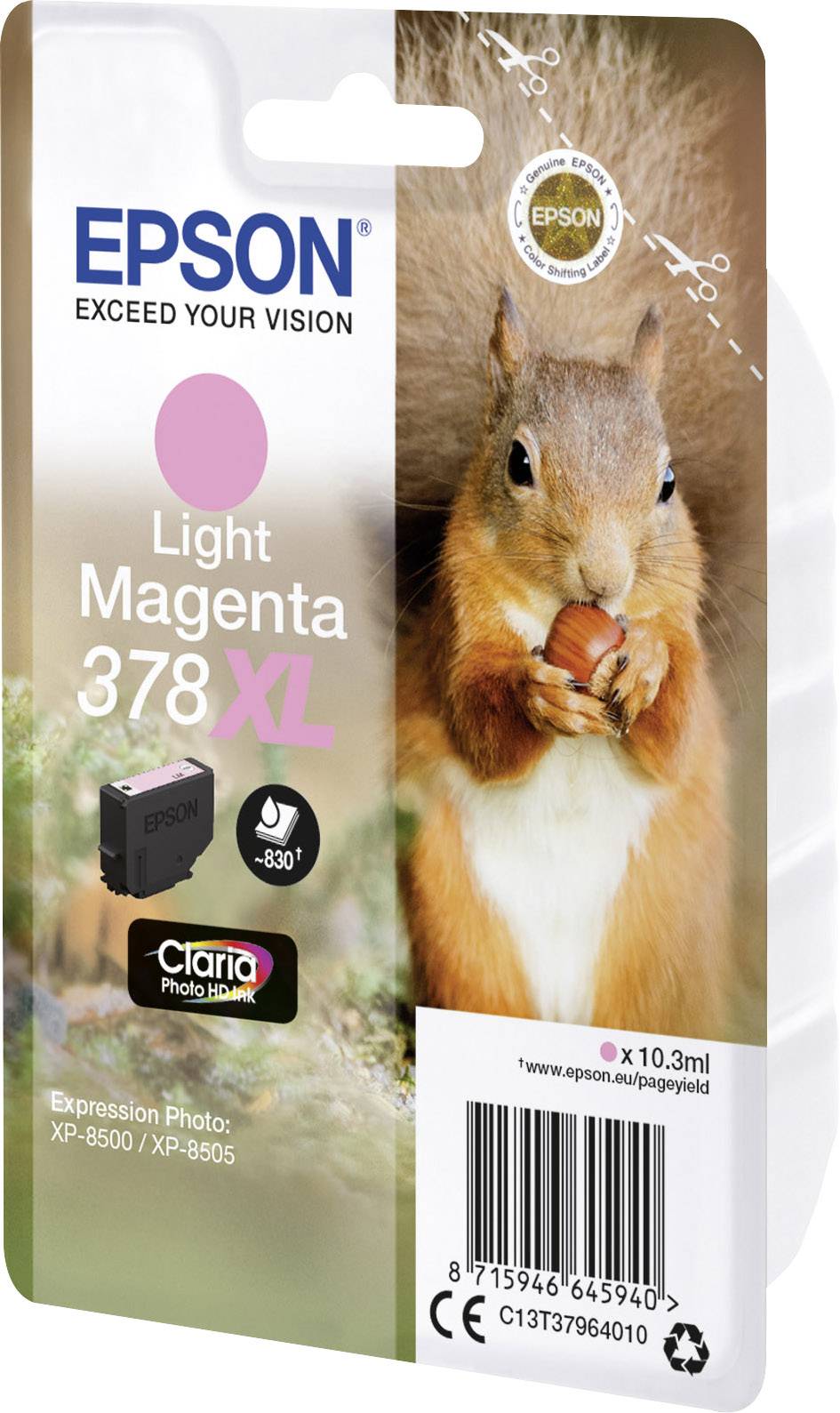 Opakowanie wkładu atramentowego Epson 378XL w kolorze jasnoróżowym (Light Magenta). Na przedniej stronie widnieje ilustracja wiewiórki trzymającej orzech.