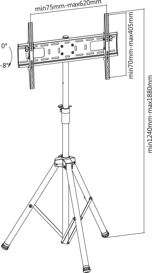 Szkic mocowania regulowanego stojaka telewizyjnego na trzech nogach z podanymi wymiarami: szerokość 75-620 mm, wysokość 170-405 mm, całkowita wysokość 1240-1880 mm.