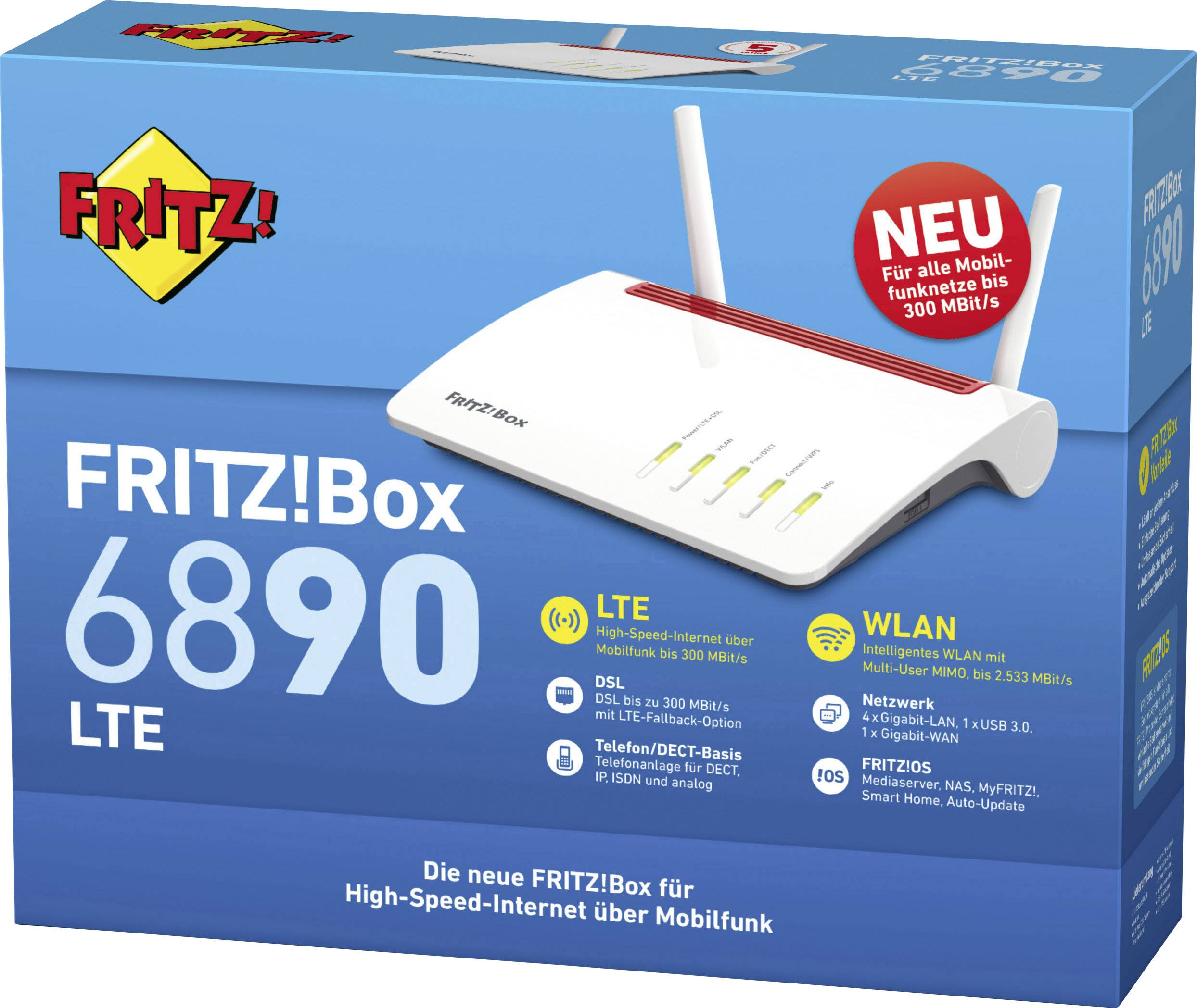 Opakowanie routera FRITZ!Box 6890 LTE. Główne cechy: LTE, Wi-Fi do 300 Mb/s, baza telefoniczna/DECT, NAS. Nowa technologia routera dla szybkiego internetu.