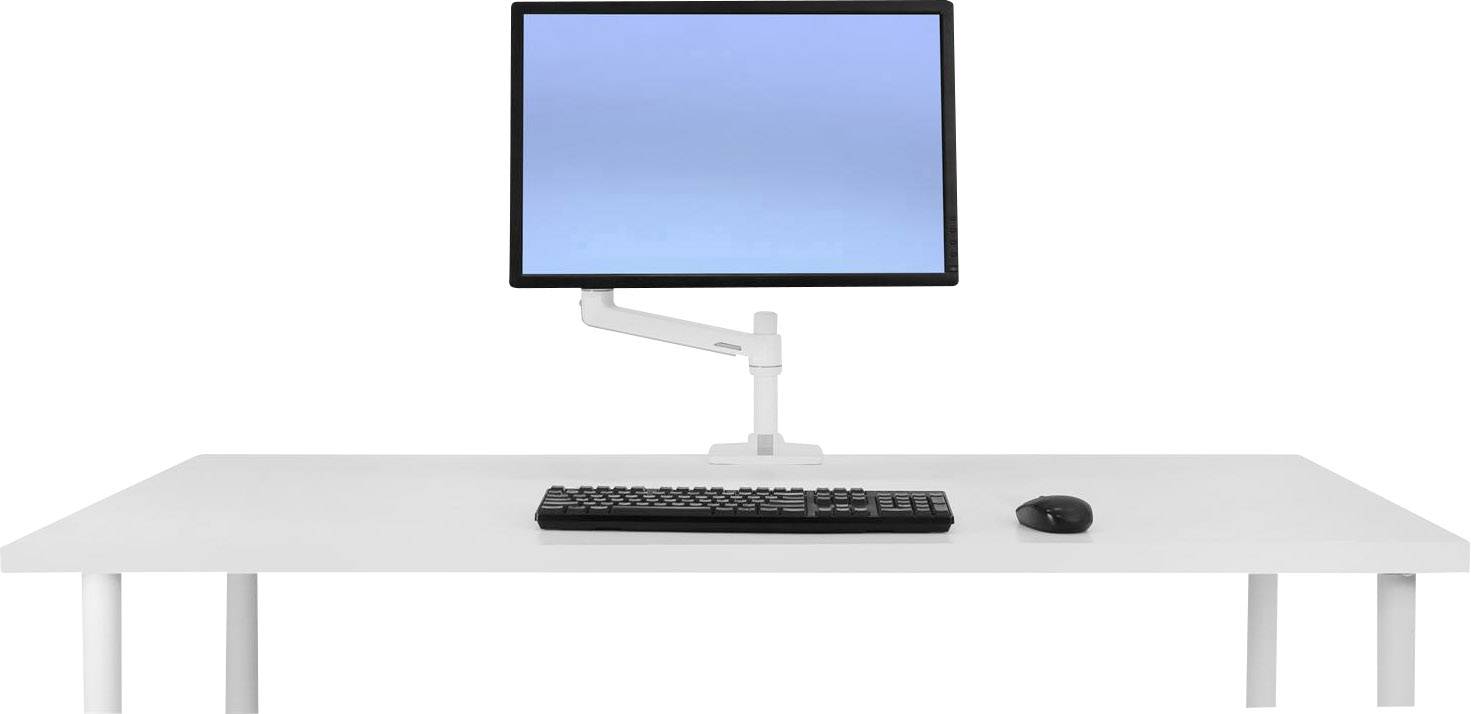 Ekran na ruchomym ramieniu, klawiatura i mysz są starannie ułożone na białym biurku.