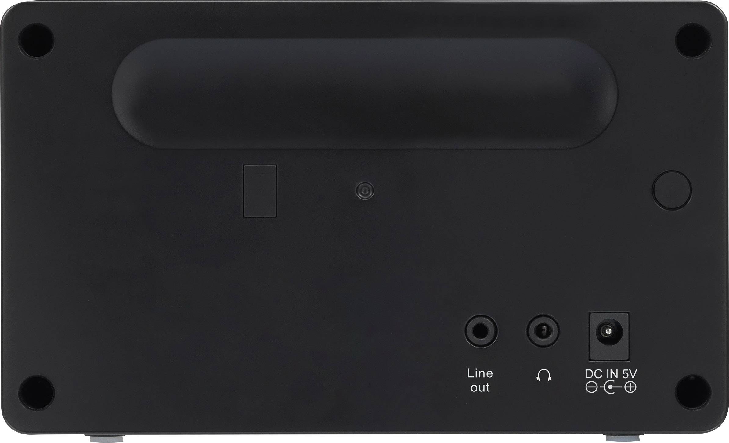 Tył urządzenia elektronicznego z trzema złączami: wyjście liniowe, słuchawki oraz DC IN 5V. Nadaje się do wyprowadzenia sygnału audio i zasilania.