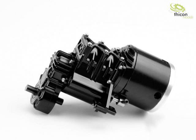 Czarny modelarski silnik leży na białym tle. W górnym prawym rogu widnieje napis 'thicon models'.