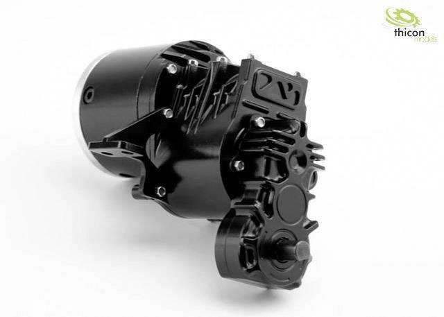 Czarny, mechaniczny element z wieloma krawędziami i śrubami, sfotografowany pod skosem na białym tle. W prawym górnym rogu znajduje się logo.