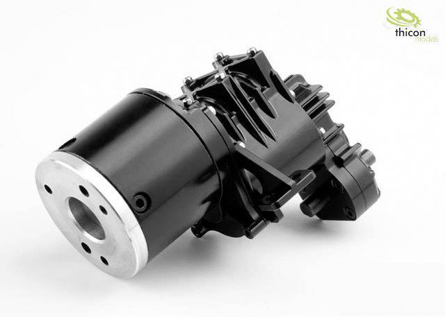 Czarny silnik z srebrną pokrywą, logo firmy 'thicon models' po prawej stronie u góry.