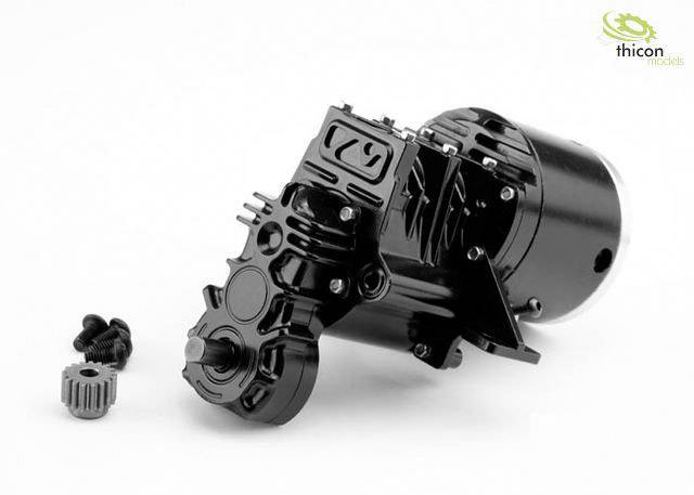 Czarne modelarskie planetarne koło zębate z srebrną krawędzią, czarnym kołem zębatym i małymi śrubkami obok, na białym tle.