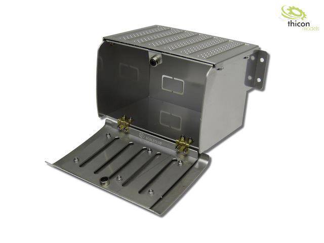 Metalowy kosz na śmieci z otwartą klapą i zawiasami, na którym widoczne jest logo 'thicon models'.