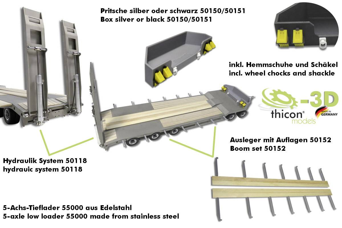 Model 5-osiowej niskopodłogowej przyczepy transportowej w kolorze srebrnym lub czarnym. W zestawie system hydrauliczny, wysięgnik oraz akcesoria.