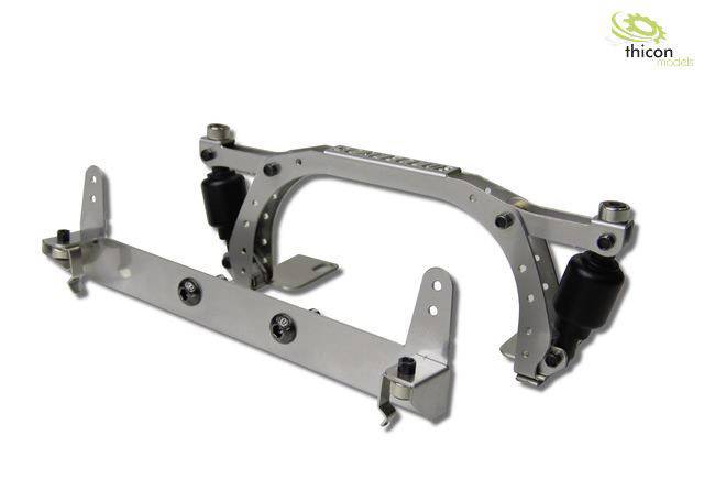 Metalowa rama z amortyzatorami, odpowiednia do modelarstwa. Na górze logo z motywem koła zębatego i napis "thicon".