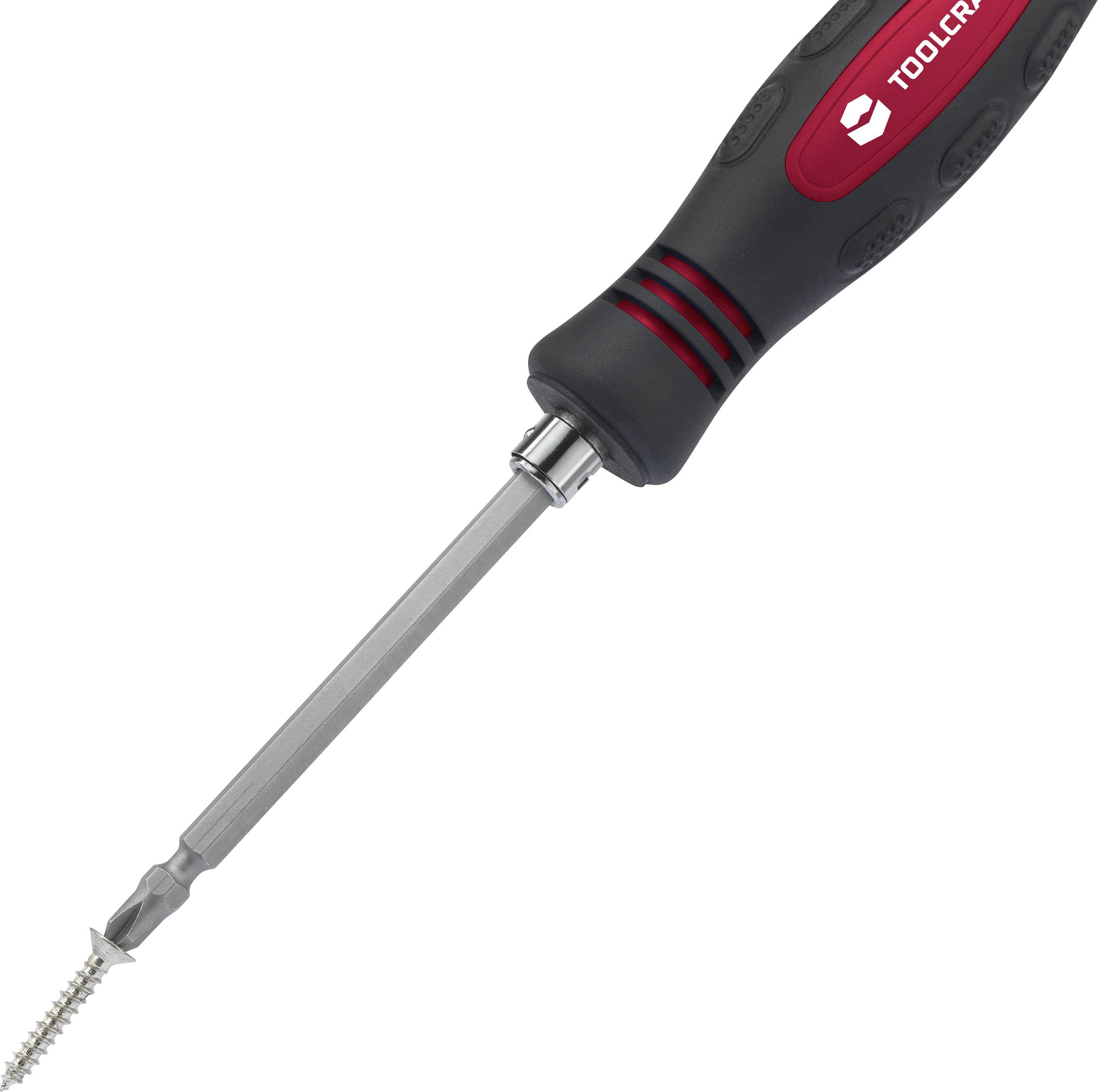 Wkrętak z czerwonym i czarnym uchwytem, wąska końcówka.