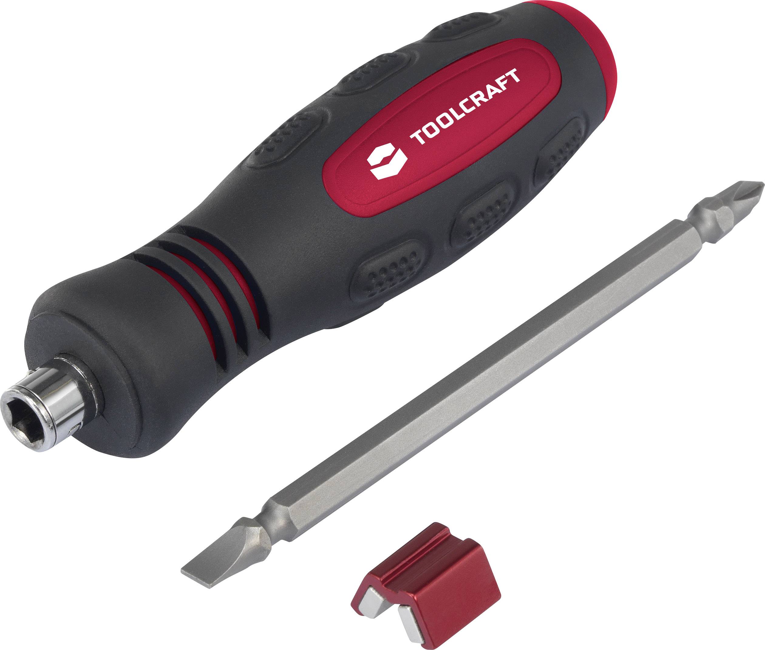 Czarny i czerwony wkrętak marki Toolcraft z dwoma wymiennymi grotami i magnetycznym uchwytem.