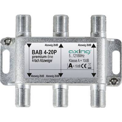 Rozgałęziacz czterokrotny marki axing, model BAB 4-20P, przeznaczony do częstotliwości 5-1218 MHz, o tłumieniu 20 dB, klasy A+10 dB.