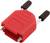 Czerwony i czarny adapter z kapturkami plastikowymi i metalowymi stykami, używany do łączenia lub przedłużania przewodów elektrycznych.