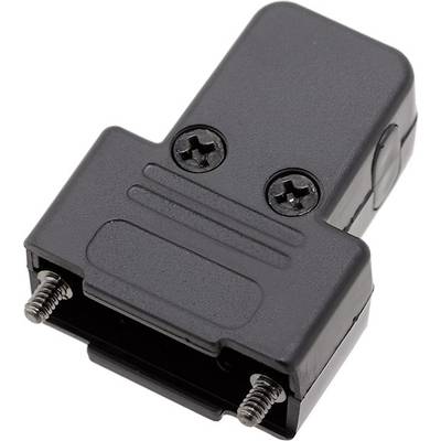 Czarny adapter z dwiema śrubami, o prostokątnym kształcie, służący do łączenia urządzeń elektronicznych z kablami.
