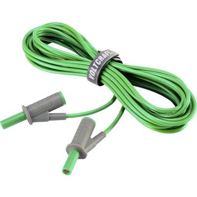 Zielony kabel Volcraft z dwoma złączami, zwinięty i związany opaską rzepową. Do zastosowań elektrycznych.
