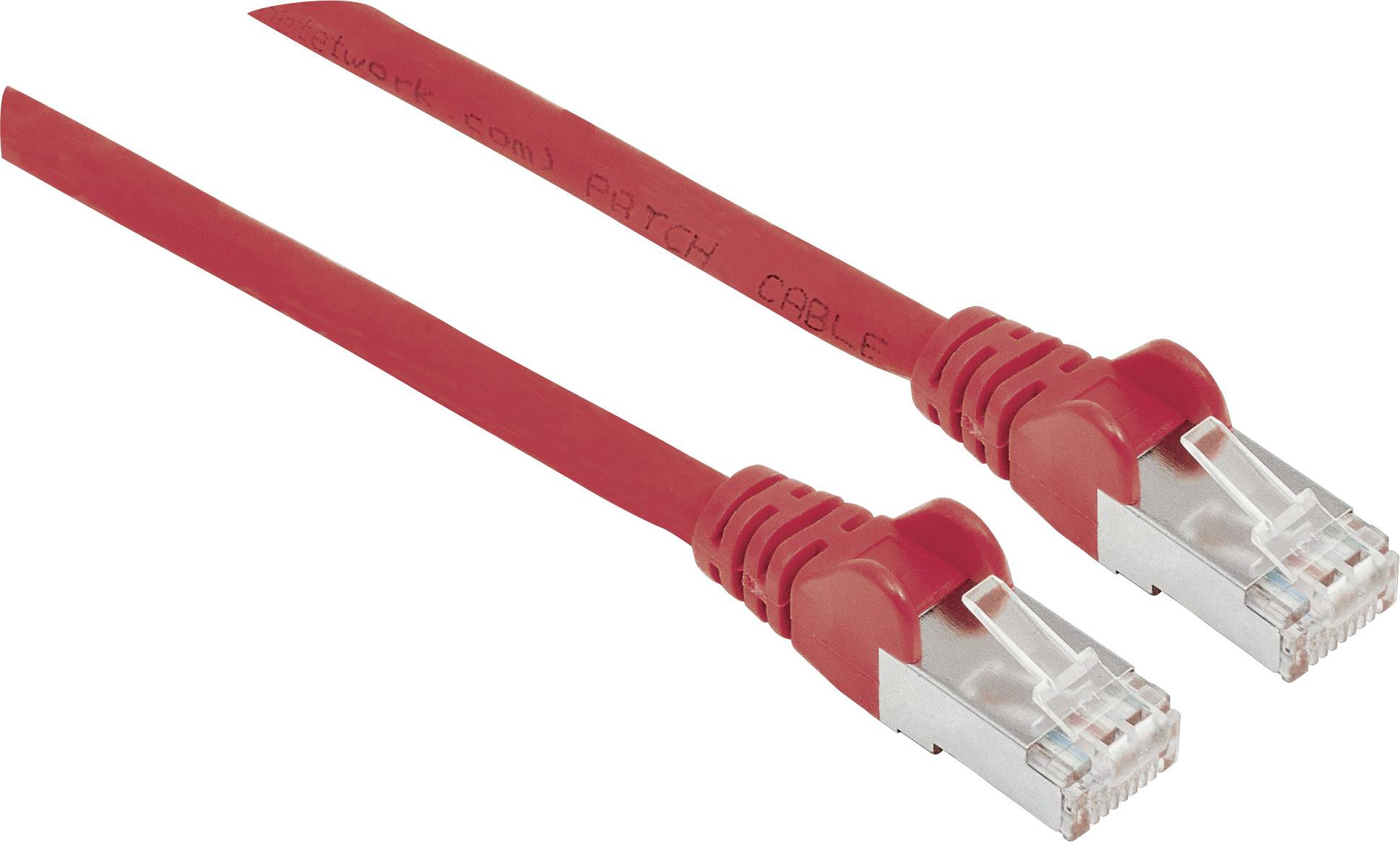 Czerwony kabel Ethernet z dwoma wtykami RJ45 na końcach, używany do łączenia urządzeń sieciowych podczas transmisji danych.