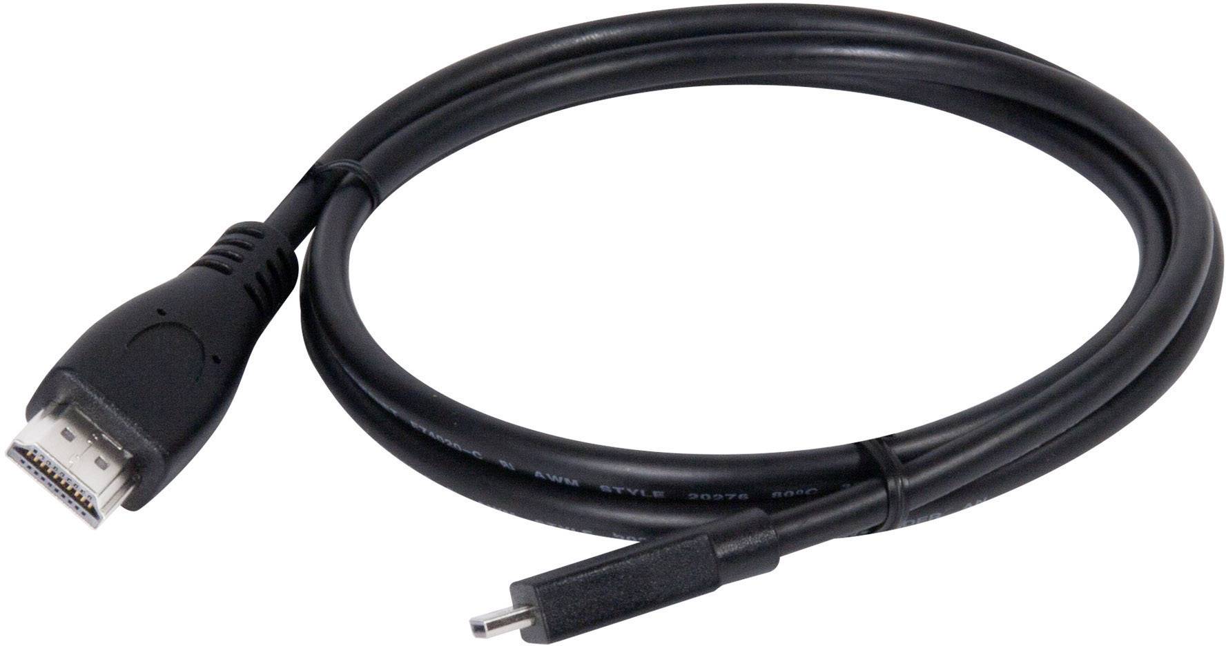 Czarny kabel HDMI z standardowym złączem HDMI po jednej stronie i złączem mikro-HDMI po drugiej stronie.