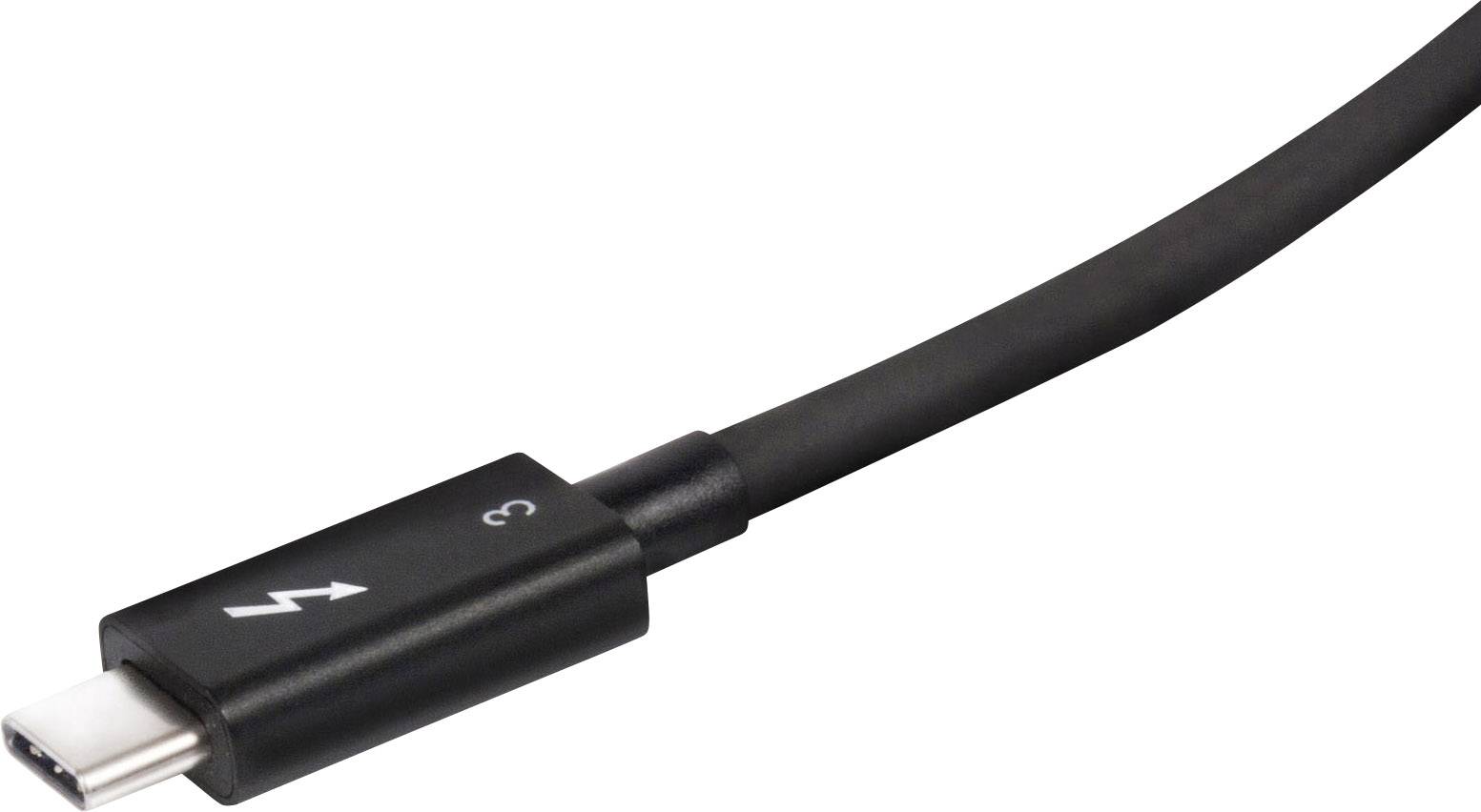 Kabel USB-C z symbolem Thunderbolt, przeznaczone do szybkiego przesyłania danych i ładowania urządzeń.