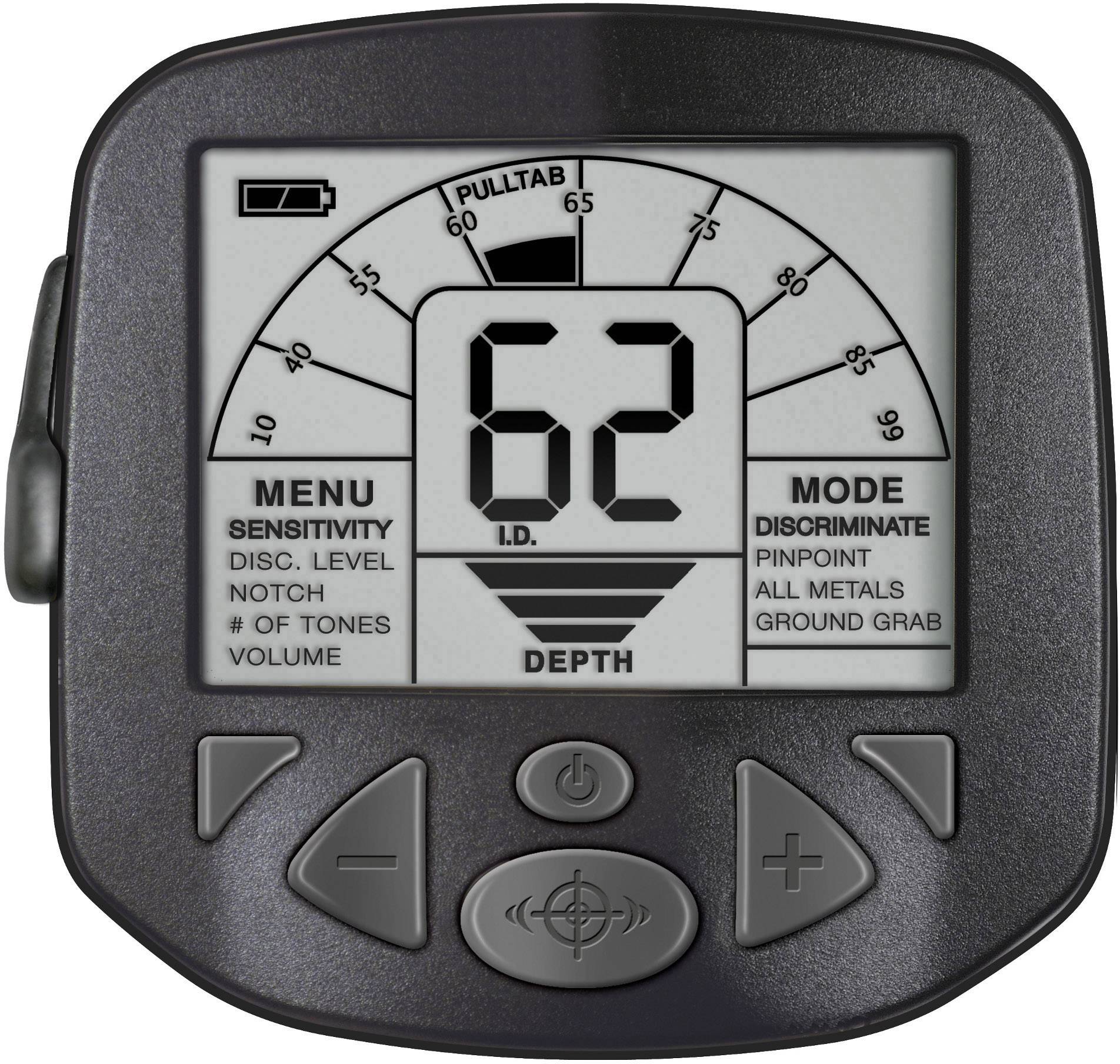 Wyświetlacz metaldetektora z indykatorem 'Pulltab'; pokazujący wartość głębokości 62 oraz ustawienia menu dotyczące czułości i wyboru metalu.