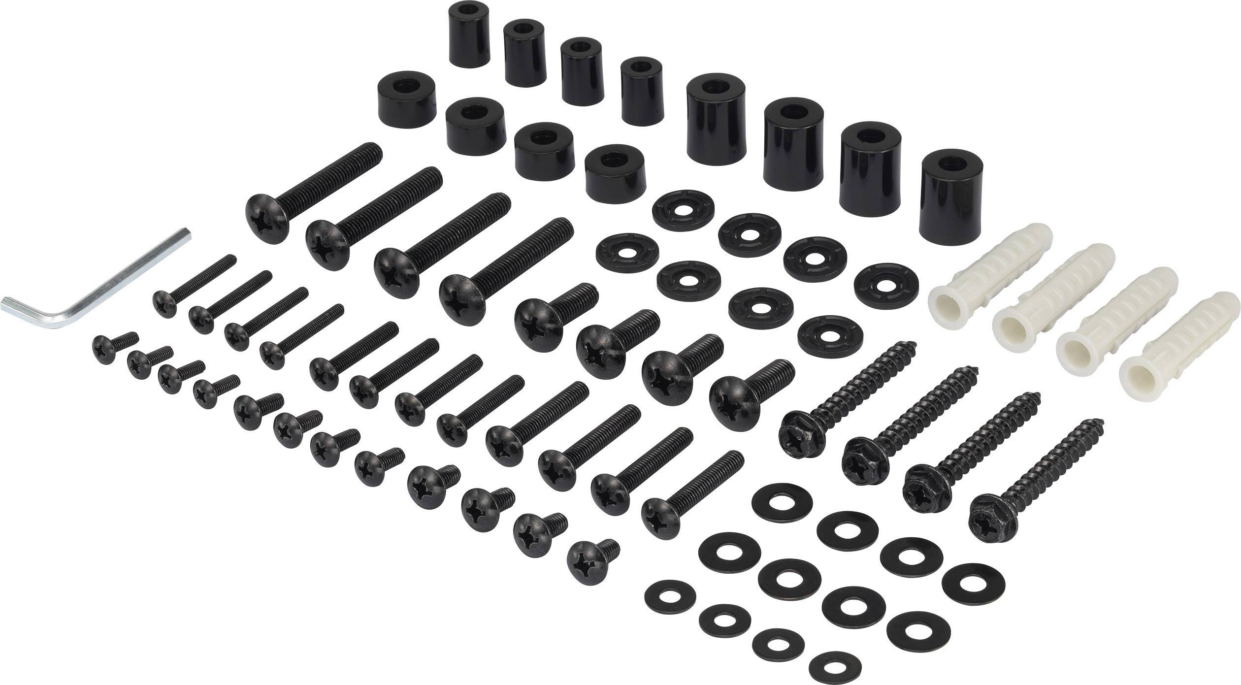 Różne śruby, kołki rozporowe, podkładki i klucz imbusowy. Zestaw do montażu lub mocowania przedmiotów.