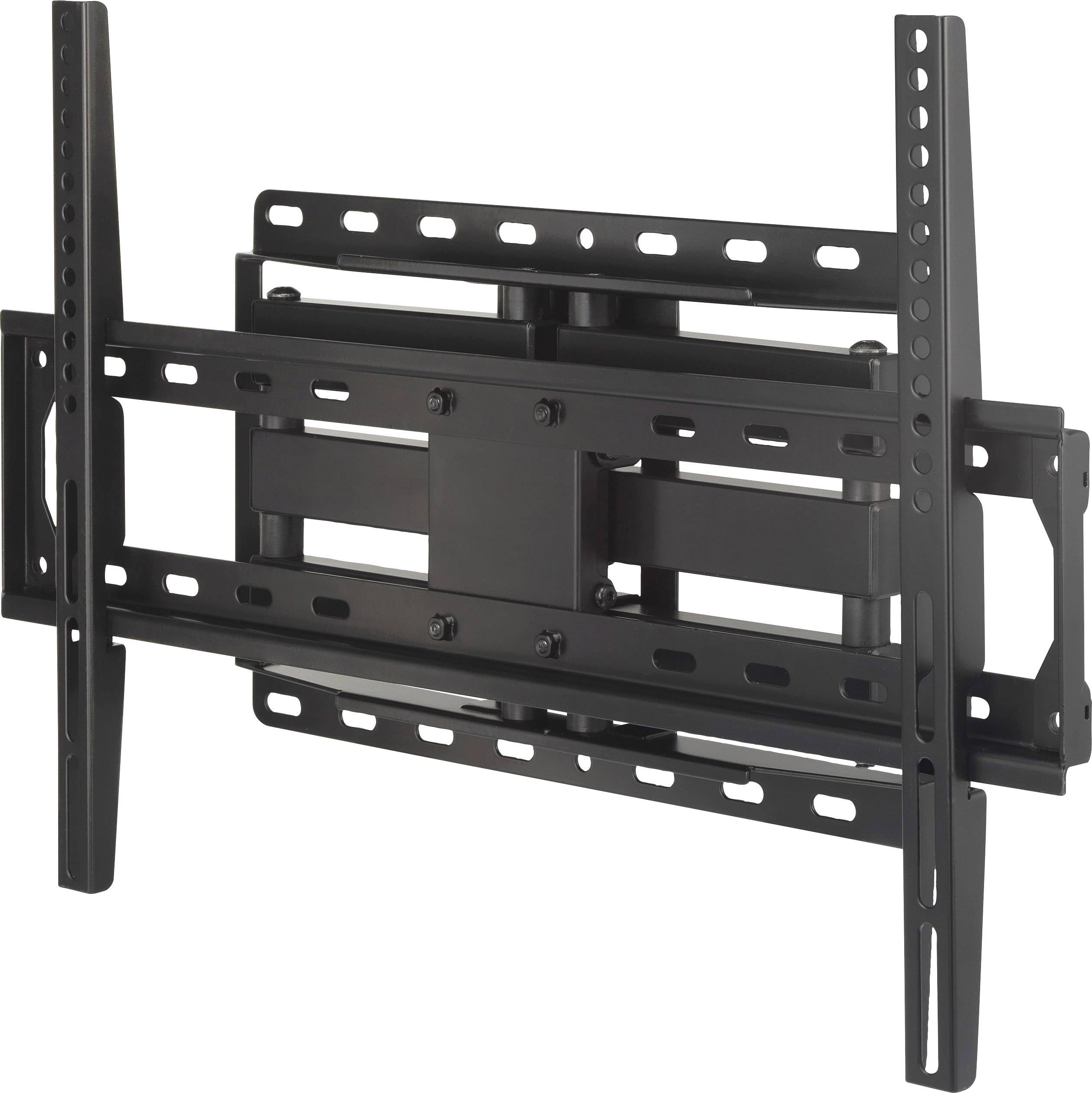 Obrotowy uchwyt telewizyjny do ściany wykonany z czarnego metalu, wyposażony w liczne punkty mocowania oraz regulowane ramiona, które umożliwiają zamocowanie różnych rozmiarów ekranów.