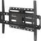 Obrotowy uchwyt telewizyjny do ściany wykonany z czarnego metalu, wyposażony w liczne punkty mocowania oraz regulowane ramiona, które umożliwiają zamocowanie różnych rozmiarów ekranów.