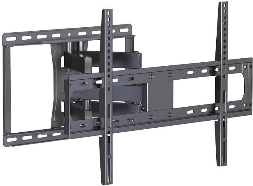 Czarna, obrotowa ścienna podstawa do telewizora z wieloma ramionami i otworami mocującymi, odpowiednia do różnych rozmiarów telewizorów.