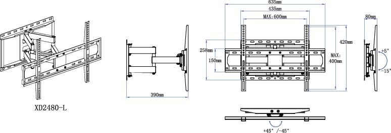 Rysunek techniczny uchwytu ściennego do telewizora z wymiarami w calach i centymetrach; widoki boczne i czołowe przedstawiające punkty montażowe.