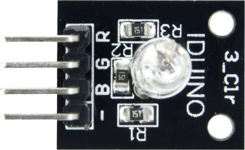 Moduł RGB LED z czterema pinami, z napisem 'IDUINO', umożliwia mieszanie kolorów poprzez sterowanie czerwonymi, zielonymi i niebieskimi diodami LED.