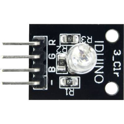 Moduł RGB LED z czterema pinami, z napisem 'IDUINO', umożliwia mieszanie kolorów poprzez sterowanie czerwonymi, zielonymi i niebieskimi diodami LED.