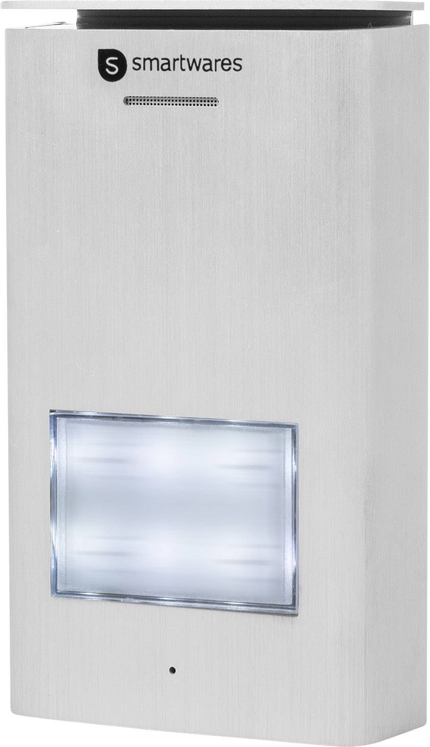 Srebrna lampa ścienna z prostokątnym wzornictwem, z oświetleniem LED w dolnej części.